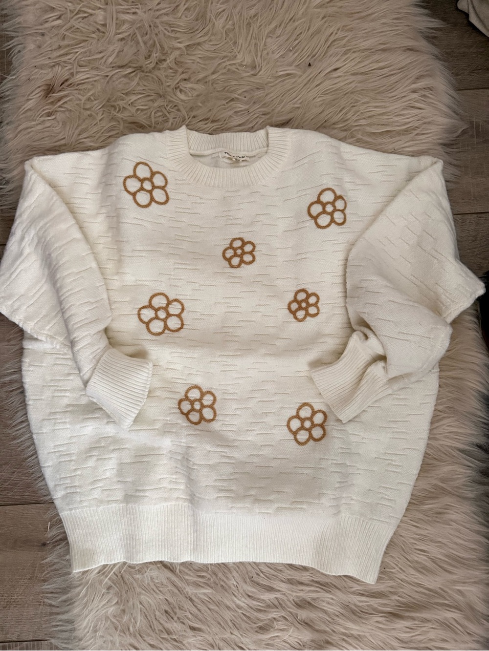 Cream Floral Embroidered Crewneck Sweater